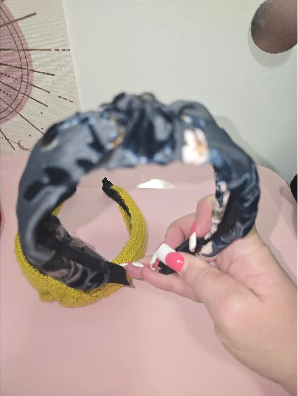 Set of 2 Headbands - Yellow Knit and Black Floral Satin
